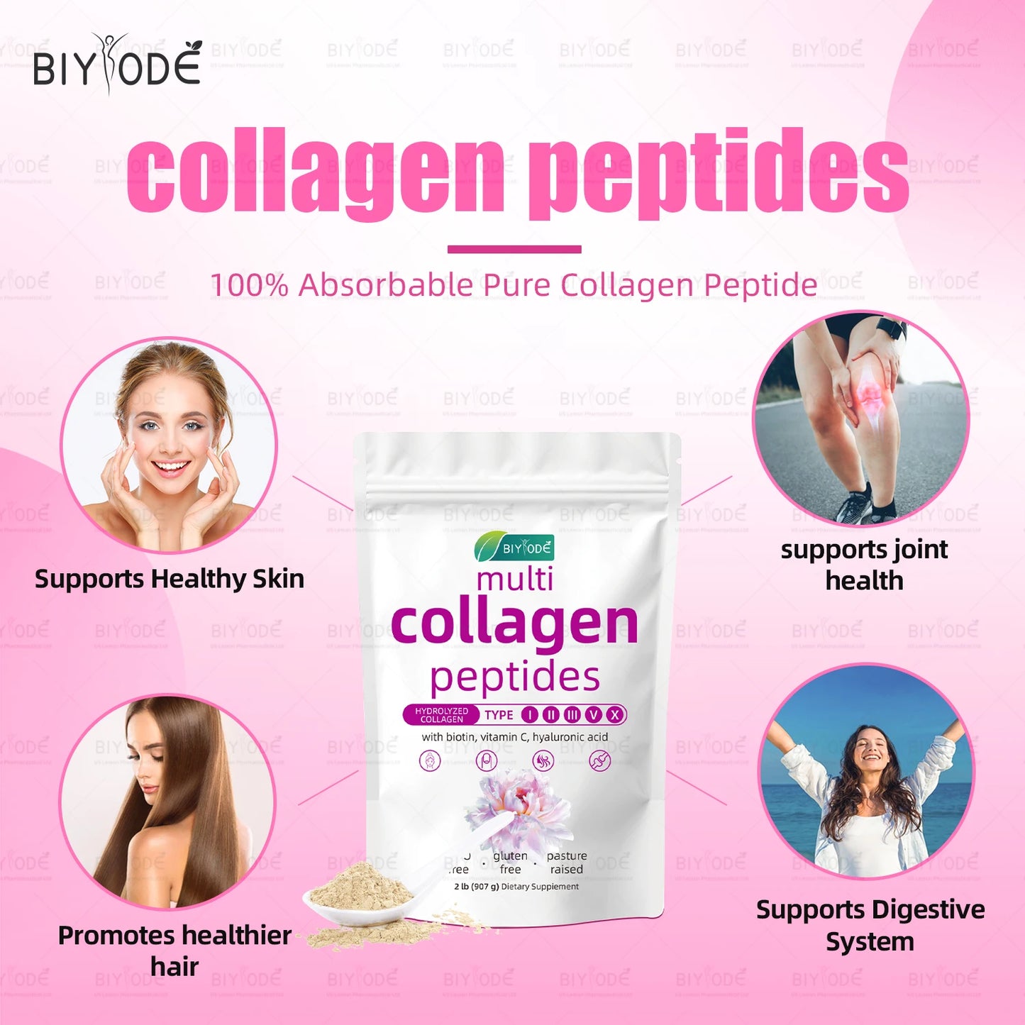 BIYODE Hydrolyzed Collagen Powder For Skin Hydration Wrinkles Hair Nails