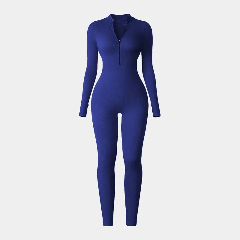 Womens Half Zip Jumpsuit Long Sleeve Activewear Bodysuit For Yoga Workout