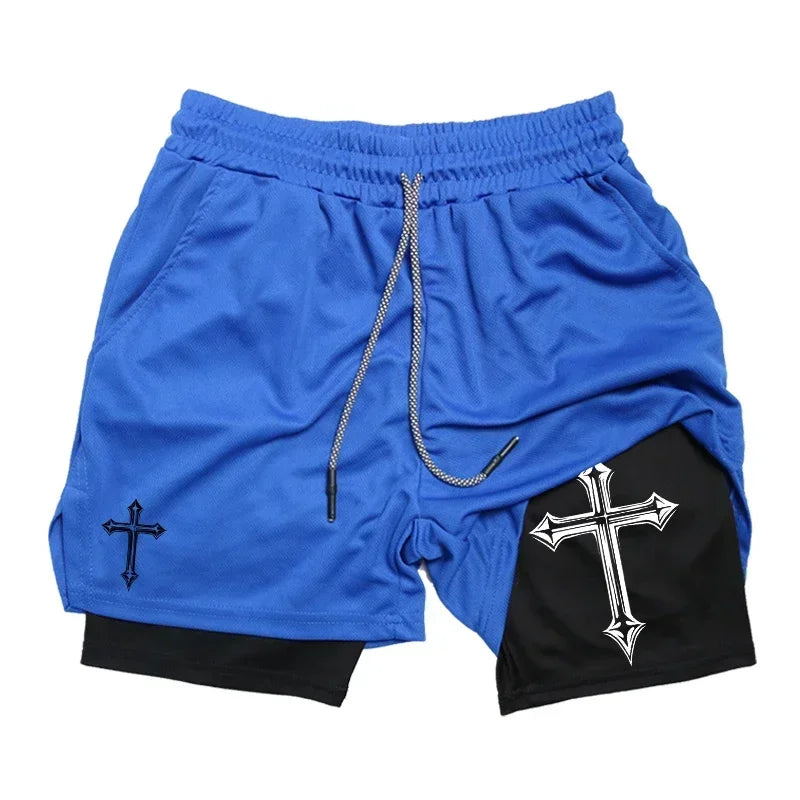 Men's Cross Printed 2 In 1 Training Shorts With Compression Lining Phone Pocket