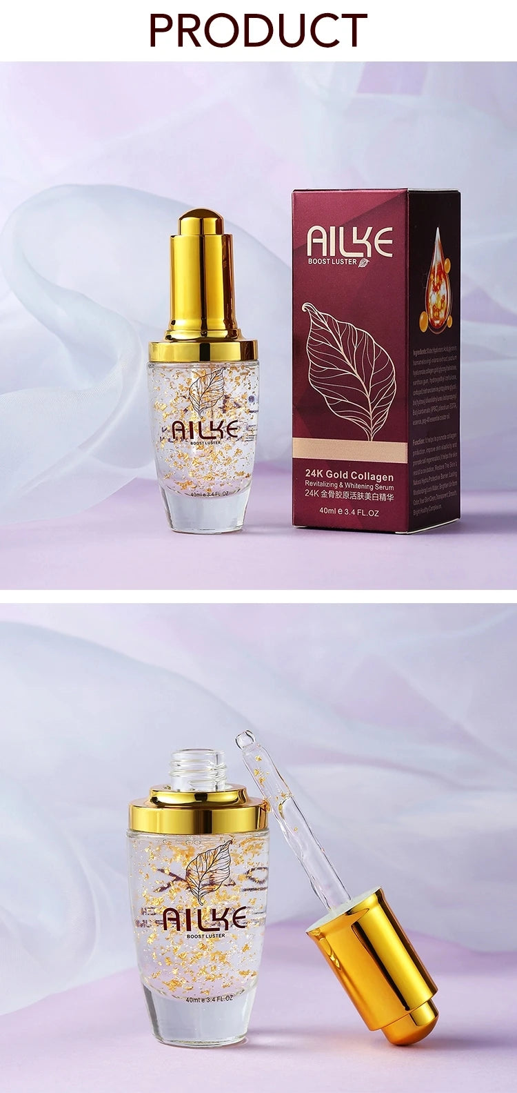 AILKE 24K Gold Facial Serum Hyaluronic Acid Whitening Moisturizing