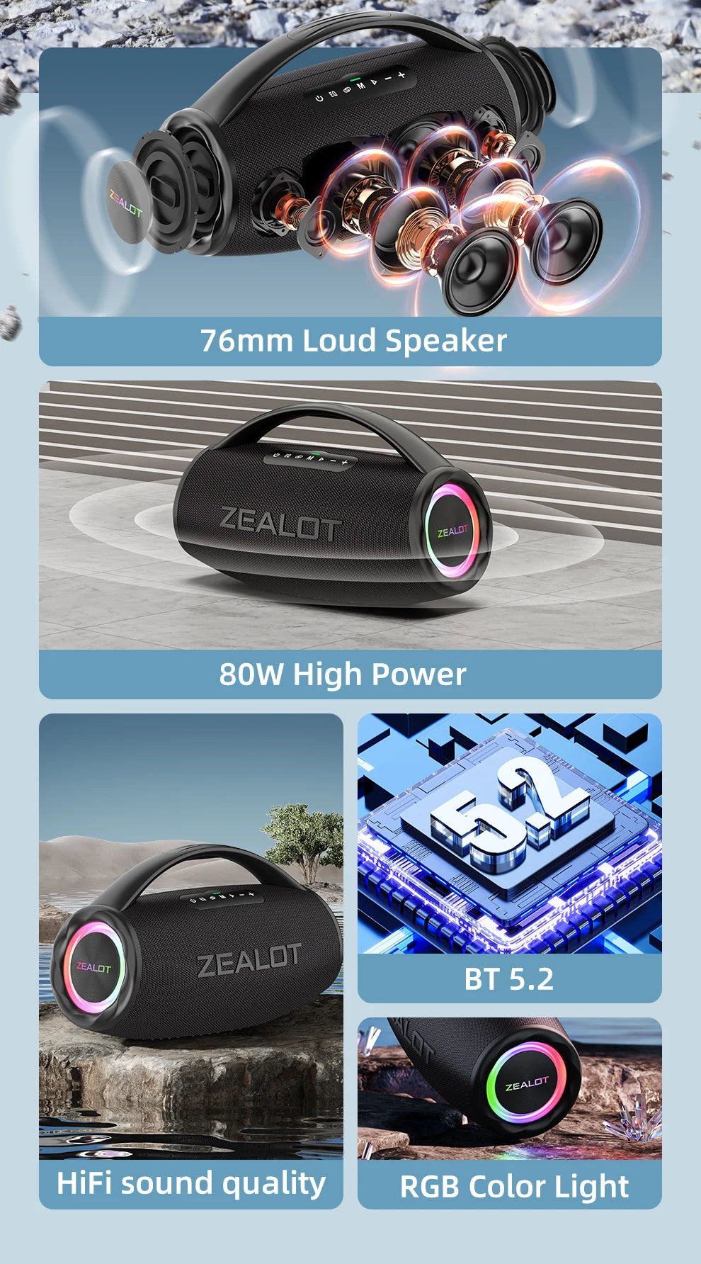 ZEALOT S97 80W Bluetooth Speaker With RGB Lights Subwoofer