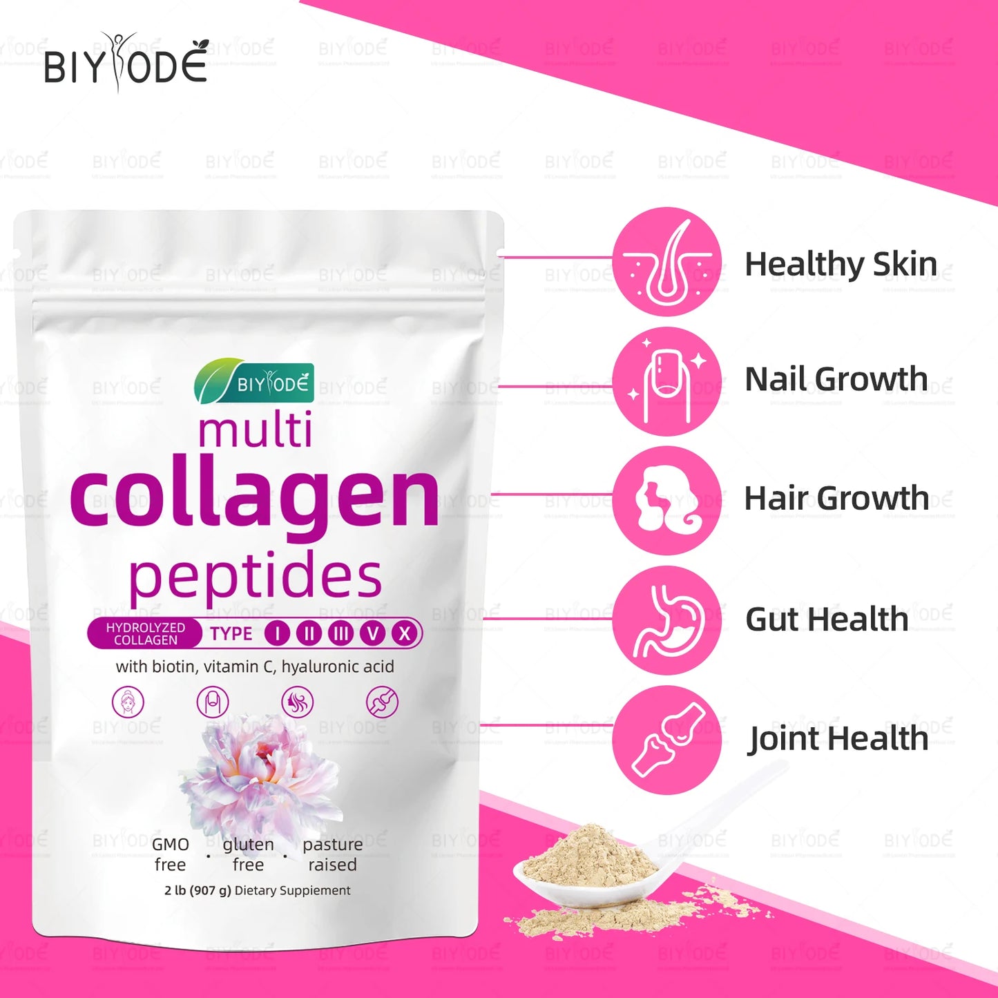 BIYODE Hydrolyzed Collagen Powder For Skin Hydration Wrinkles Hair Nails