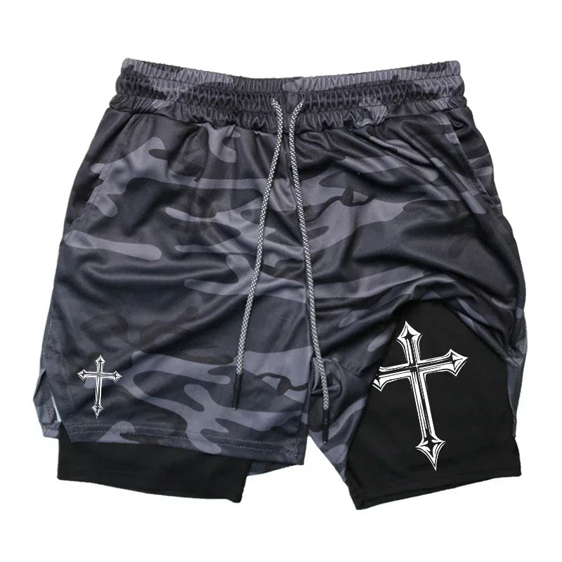 Men's Cross Printed 2 In 1 Training Shorts With Compression Lining Phone Pocket