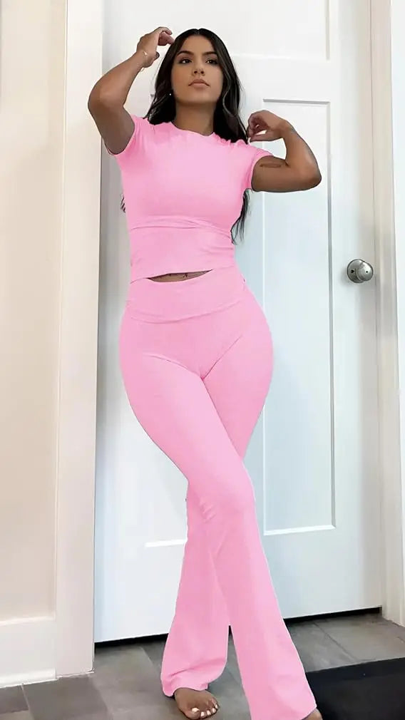 Zhejiang Women's Two-Piece Yoga Set Short Sleeve Top Flared Pants