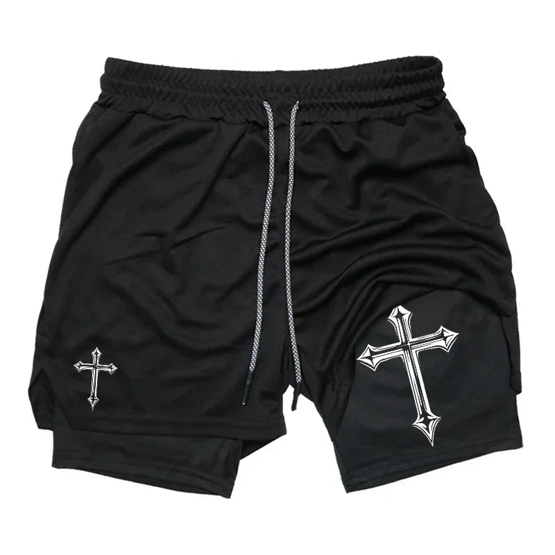 Men's Cross Printed 2 In 1 Training Shorts With Compression Lining Phone Pocket