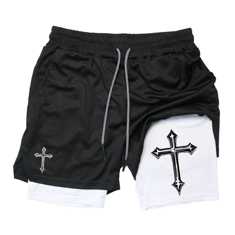 Men's Cross Printed 2 In 1 Training Shorts With Compression Lining Phone Pocket