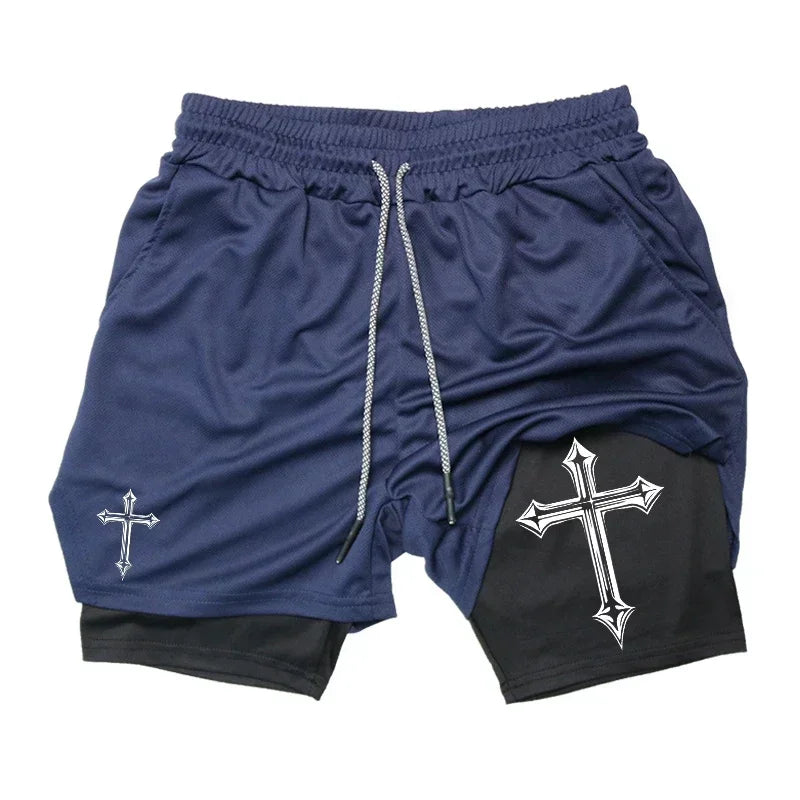 Men's Cross Printed 2 In 1 Training Shorts With Compression Lining Phone Pocket