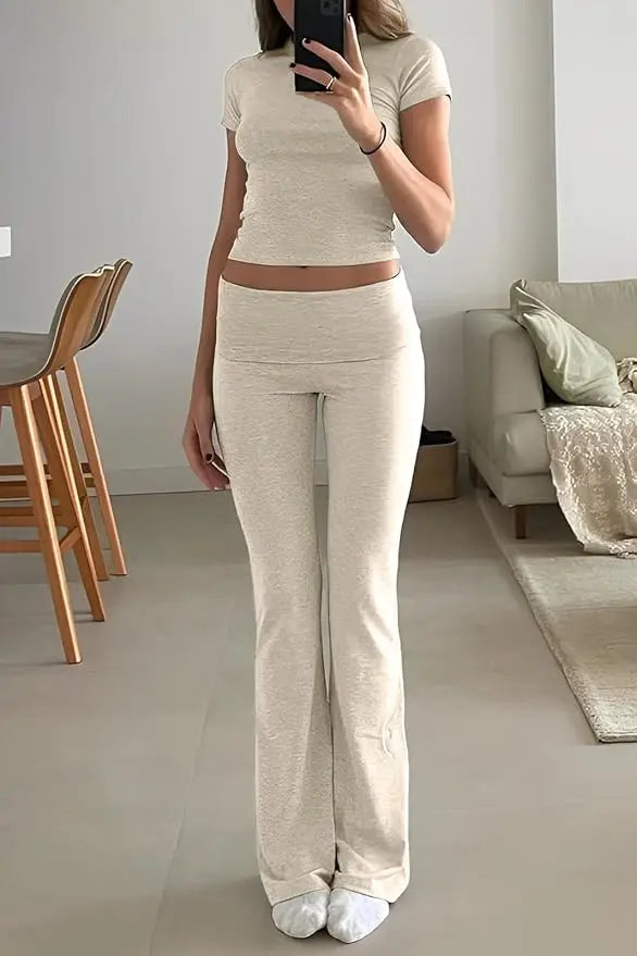 Zhejiang Women's Two-Piece Yoga Set Short Sleeve Top Flared Pants