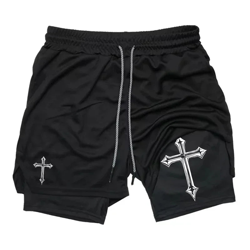 Men's Cross Printed 2 In 1 Training Shorts With Compression Lining Phone Pocket