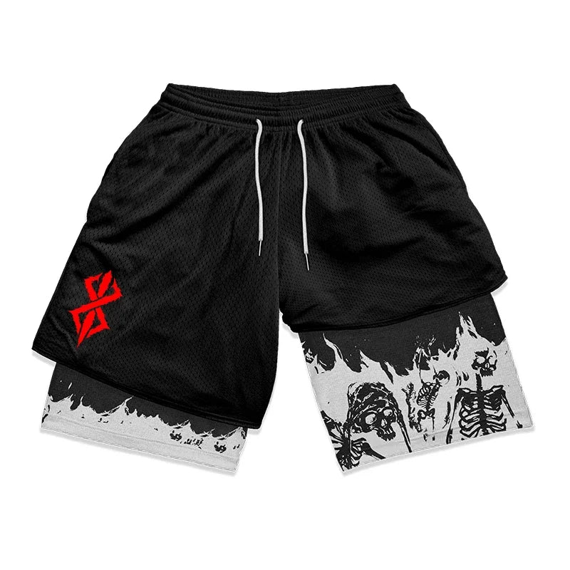 HooThreads Berserk Skull Print 2 In 1 Running Shorts For Men