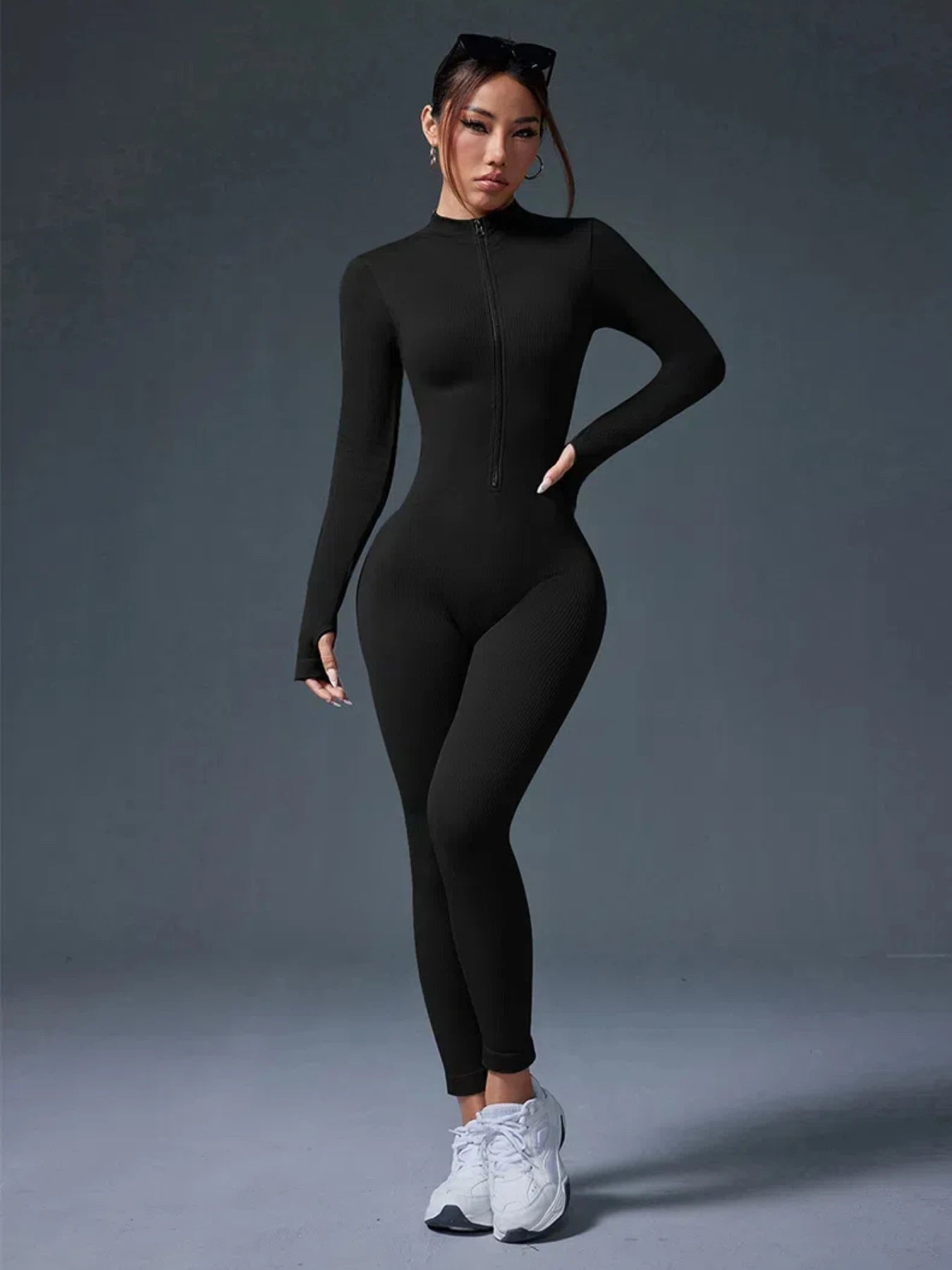 Womens Half Zip Jumpsuit Long Sleeve Activewear Bodysuit For Yoga Workout