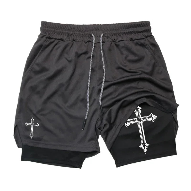 Men's Cross Printed 2 In 1 Training Shorts With Compression Lining Phone Pocket