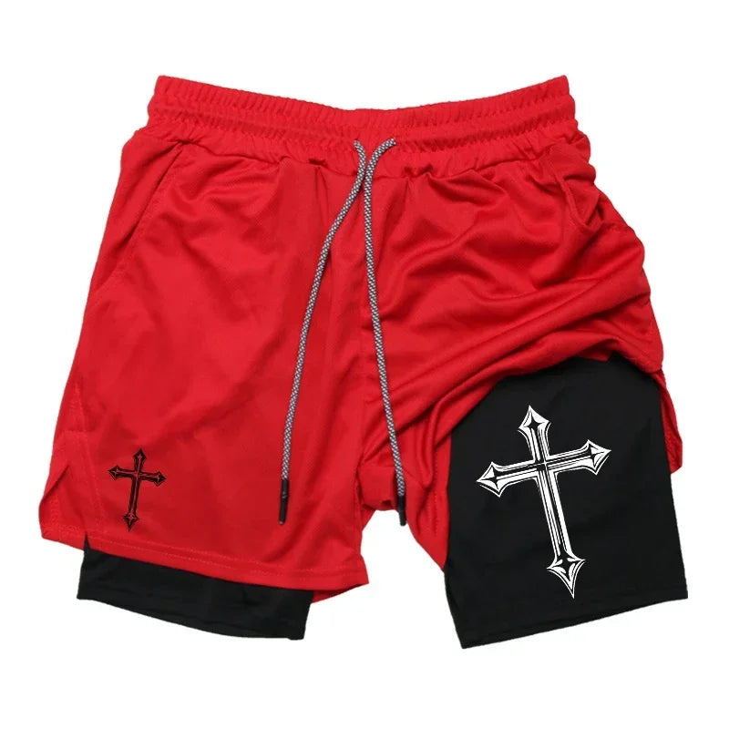 Men's Cross Printed 2 In 1 Training Shorts With Compression Lining Phone Pocket