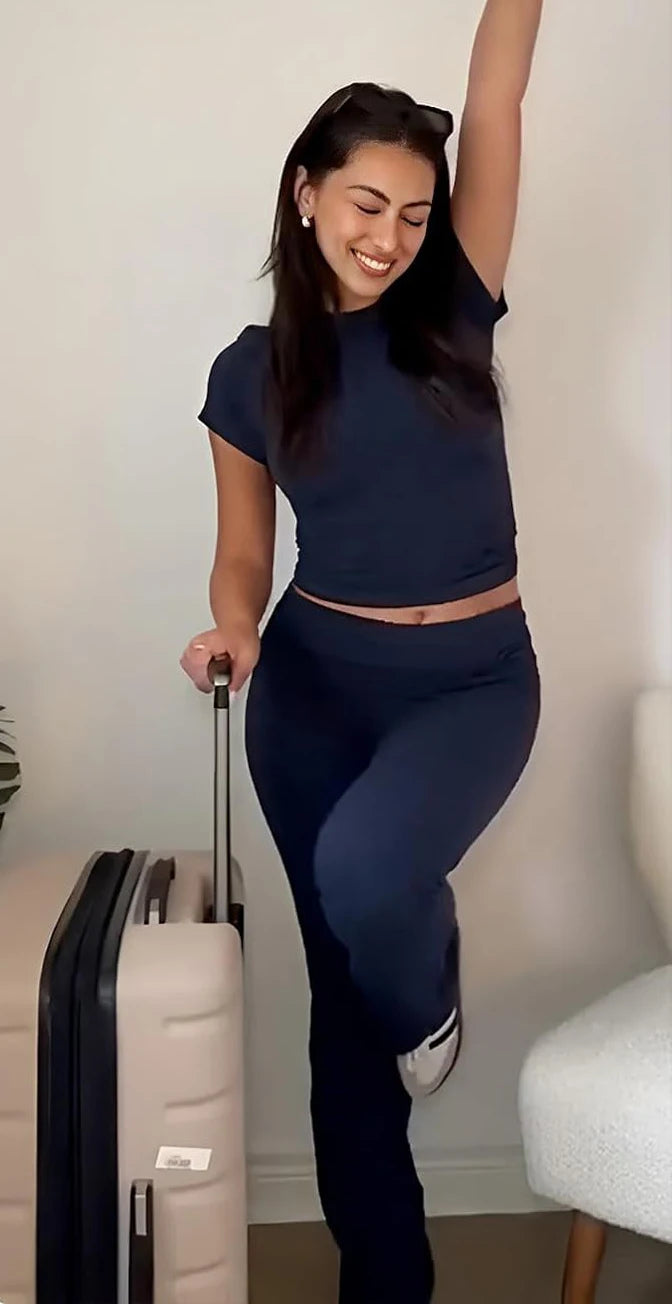 Zhejiang Women's Two-Piece Yoga Set Short Sleeve Top Flared Pants