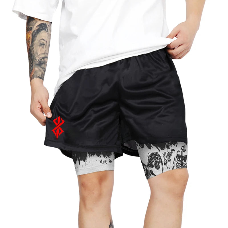 HooThreads Berserk Skull Print 2 In 1 Running Shorts For Men