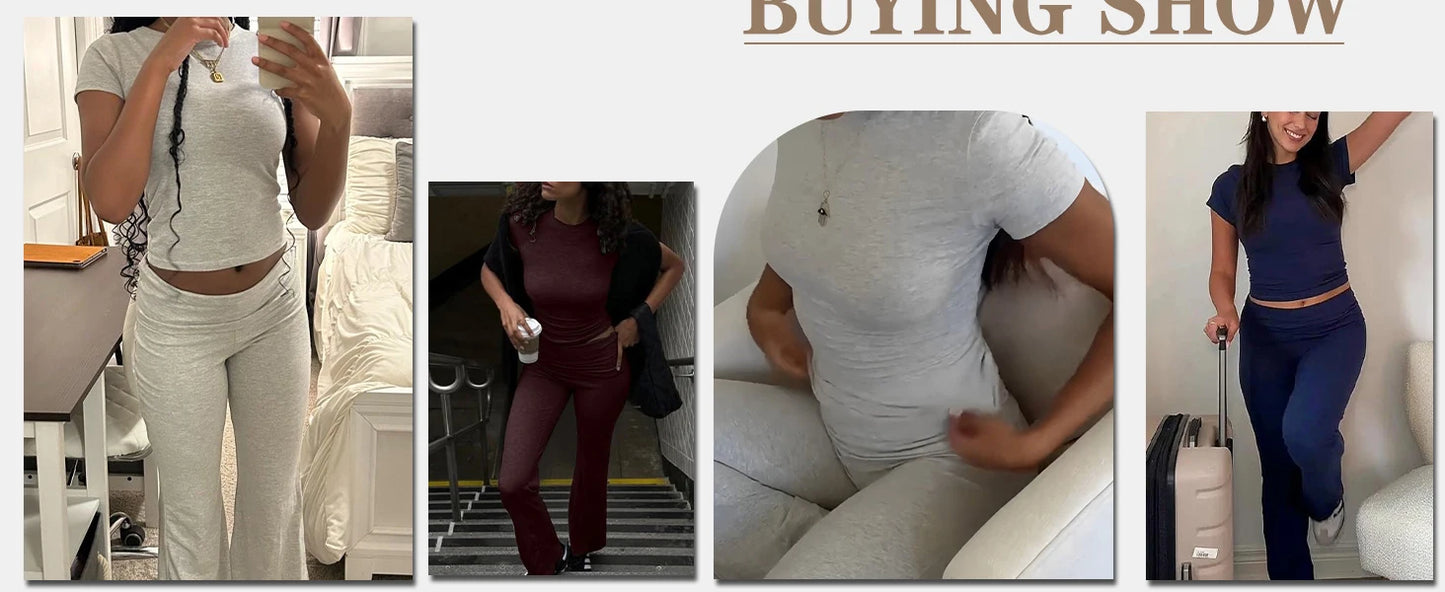 Zhejiang Women's Two-Piece Yoga Set Short Sleeve Top Flared Pants