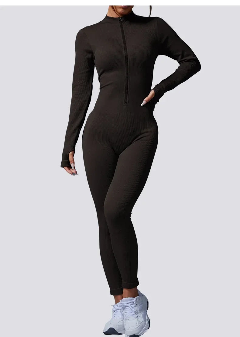 Womens Half Zip Jumpsuit Long Sleeve Activewear Bodysuit For Yoga Workout