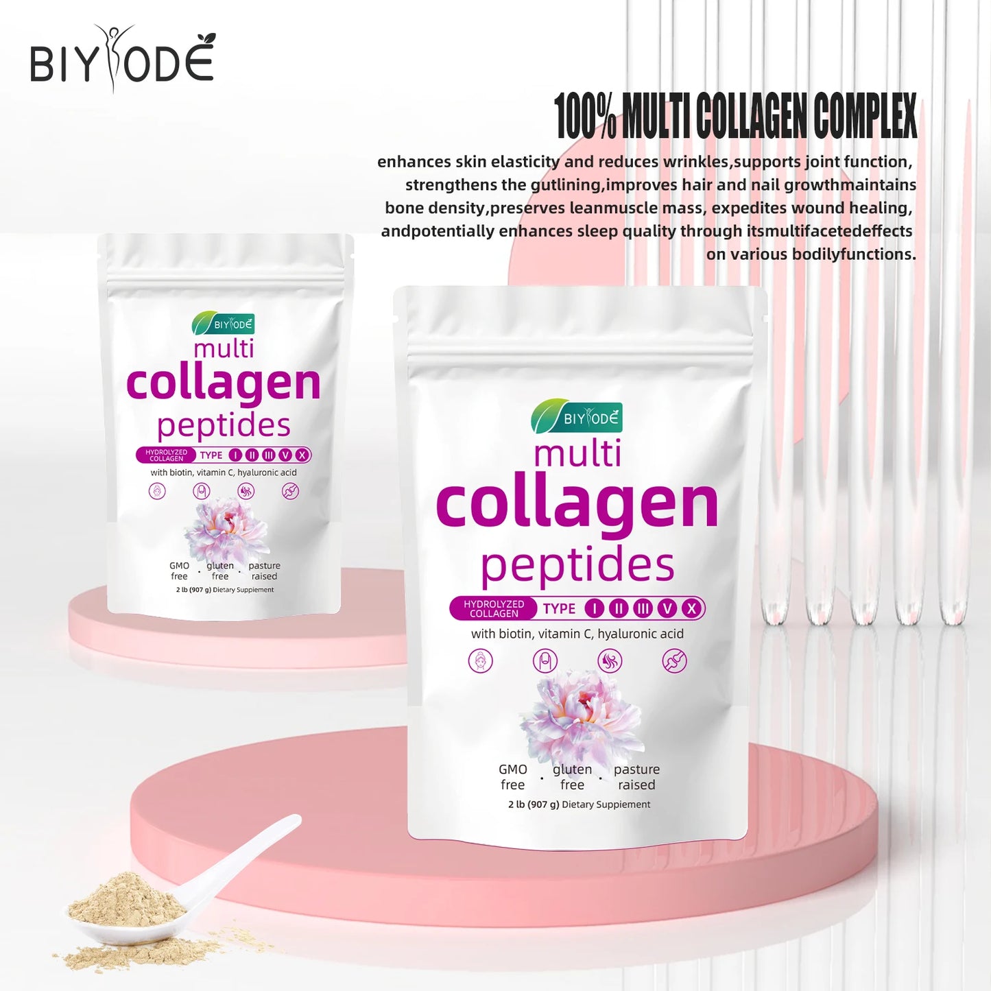 BIYODE Hydrolyzed Collagen Powder For Skin Hydration Wrinkles Hair Nails