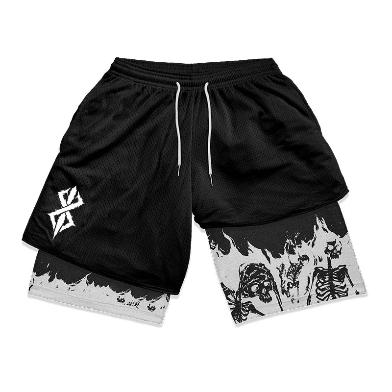 HooThreads Berserk Skull Print 2 In 1 Running Shorts For Men