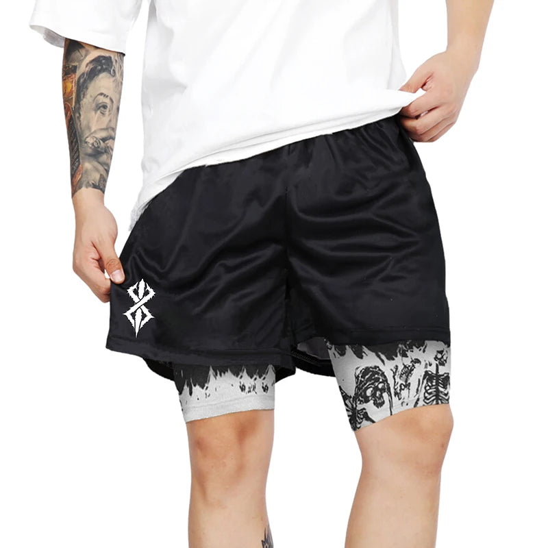 HooThreads Berserk Skull Print 2 In 1 Running Shorts For Men