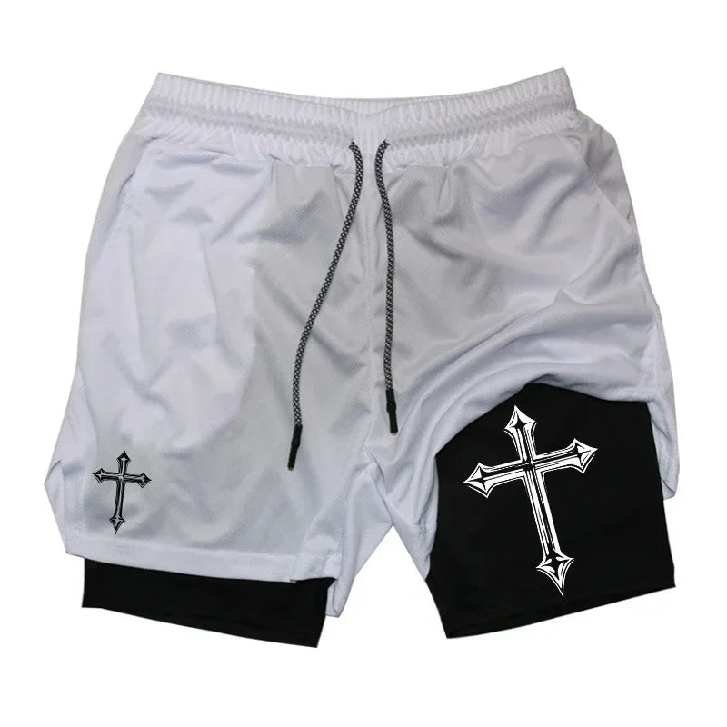 Men's Cross Printed 2 In 1 Training Shorts With Compression Lining Phone Pocket