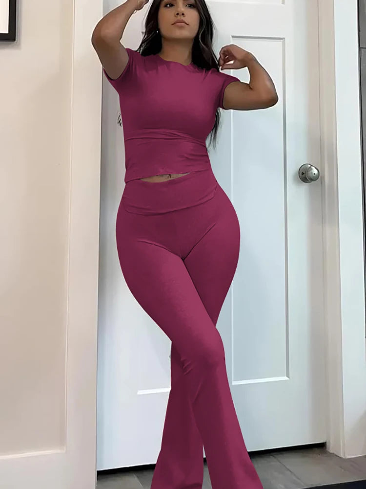 Zhejiang Women's Two-Piece Yoga Set Short Sleeve Top Flared Pants