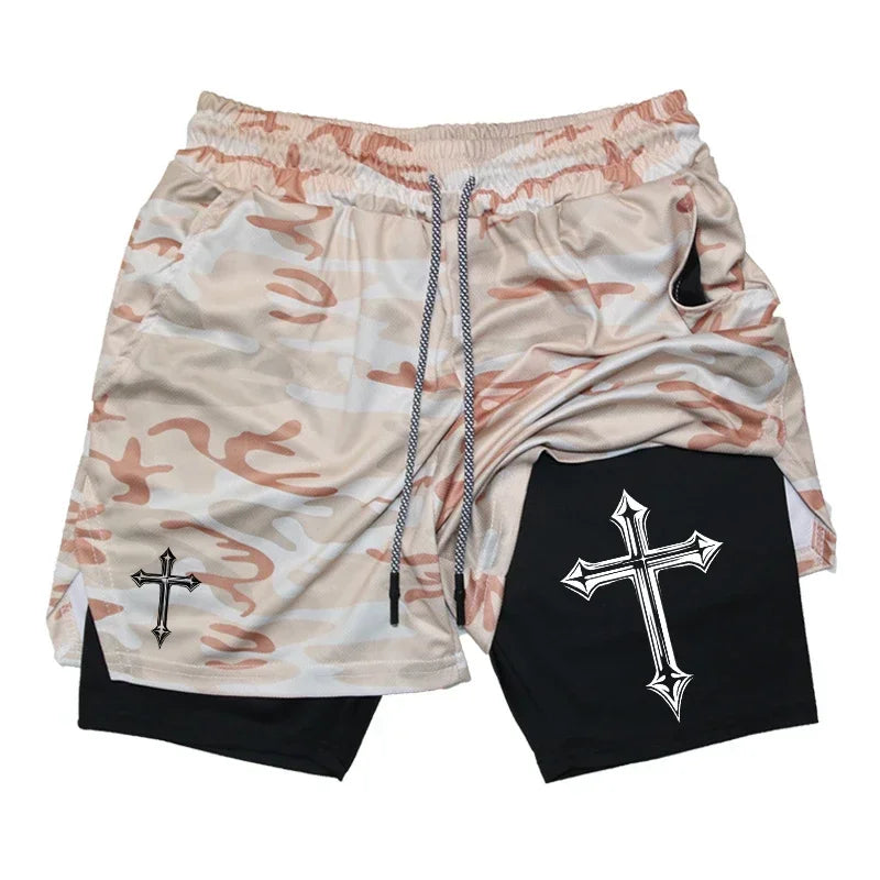 Men's Cross Printed 2 In 1 Training Shorts With Compression Lining Phone Pocket