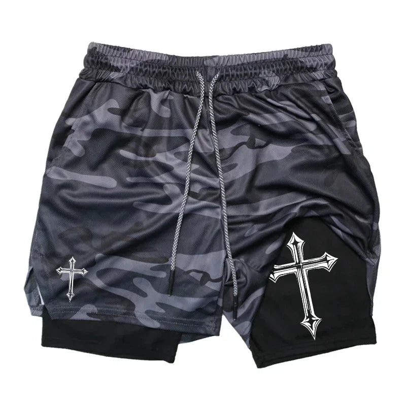 Men's Cross Printed 2 In 1 Training Shorts With Compression Lining Phone Pocket