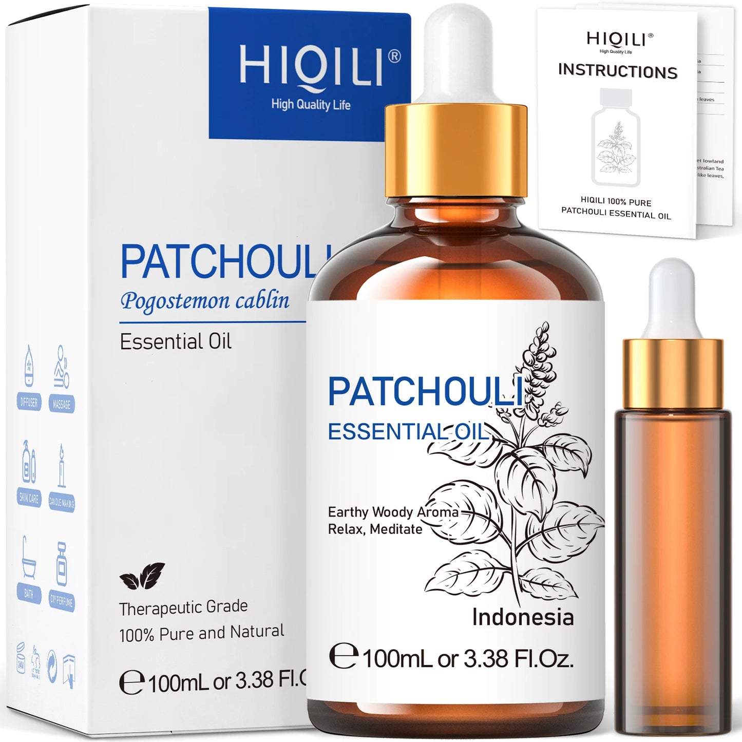 HIQILI Patchouli Essential Oil Pure for Aromatherapy Diffuser Humidifier