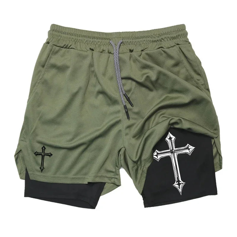 Men's Cross Printed 2 In 1 Training Shorts With Compression Lining Phone Pocket